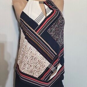 White House Black Market Black/Neutral   Geometric Halter Blouse
